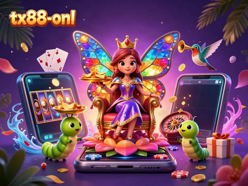 Experience the magic of tx88-onl with vibrant gaming elements and a whimsical butterfly queen in a casino setting.
