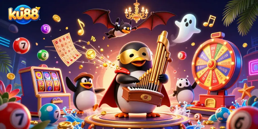 ku88 delivers excitement with a vibrant casino scene involving animated characters and lottery elements