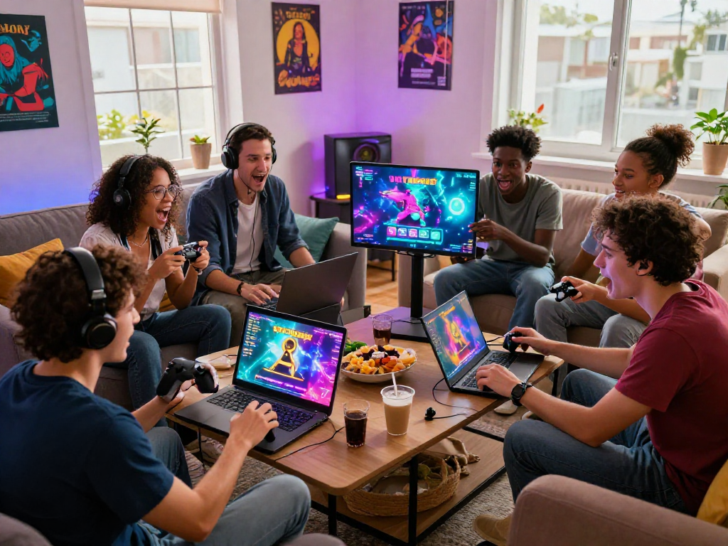 Exciting gaming session with friends enjoying free sex games in a cozy living room.