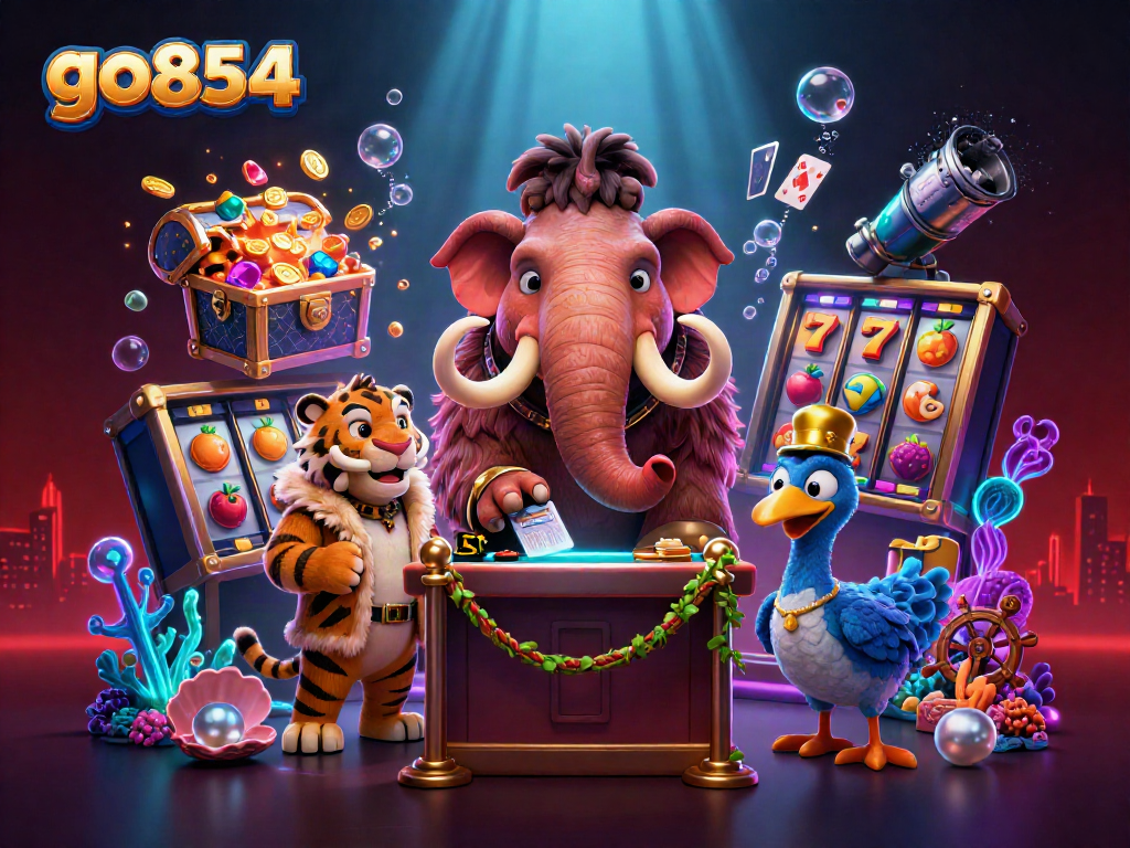 Join the exciting world of go854 as a woolly mammoth bouncer welcomes a saber-tooth tiger to the vibrant casino.