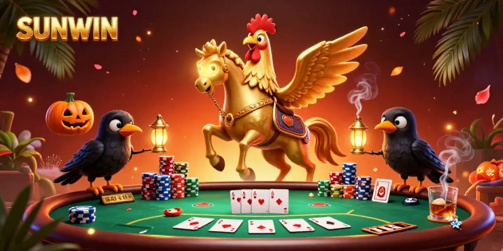 SUNWIN casino scene with a golden rooster and crow companions among vibrant poker elements.