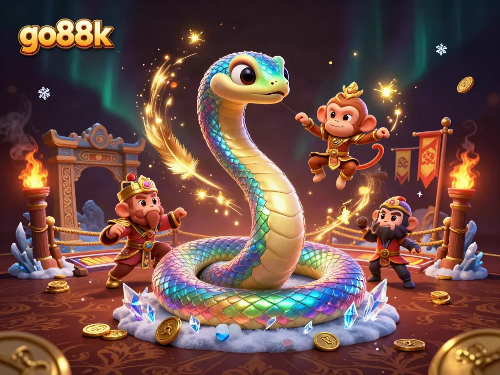 Play thrilling games at go88k, featuring a vibrant scene with a rainbow serpent and monkey king in a lively casino