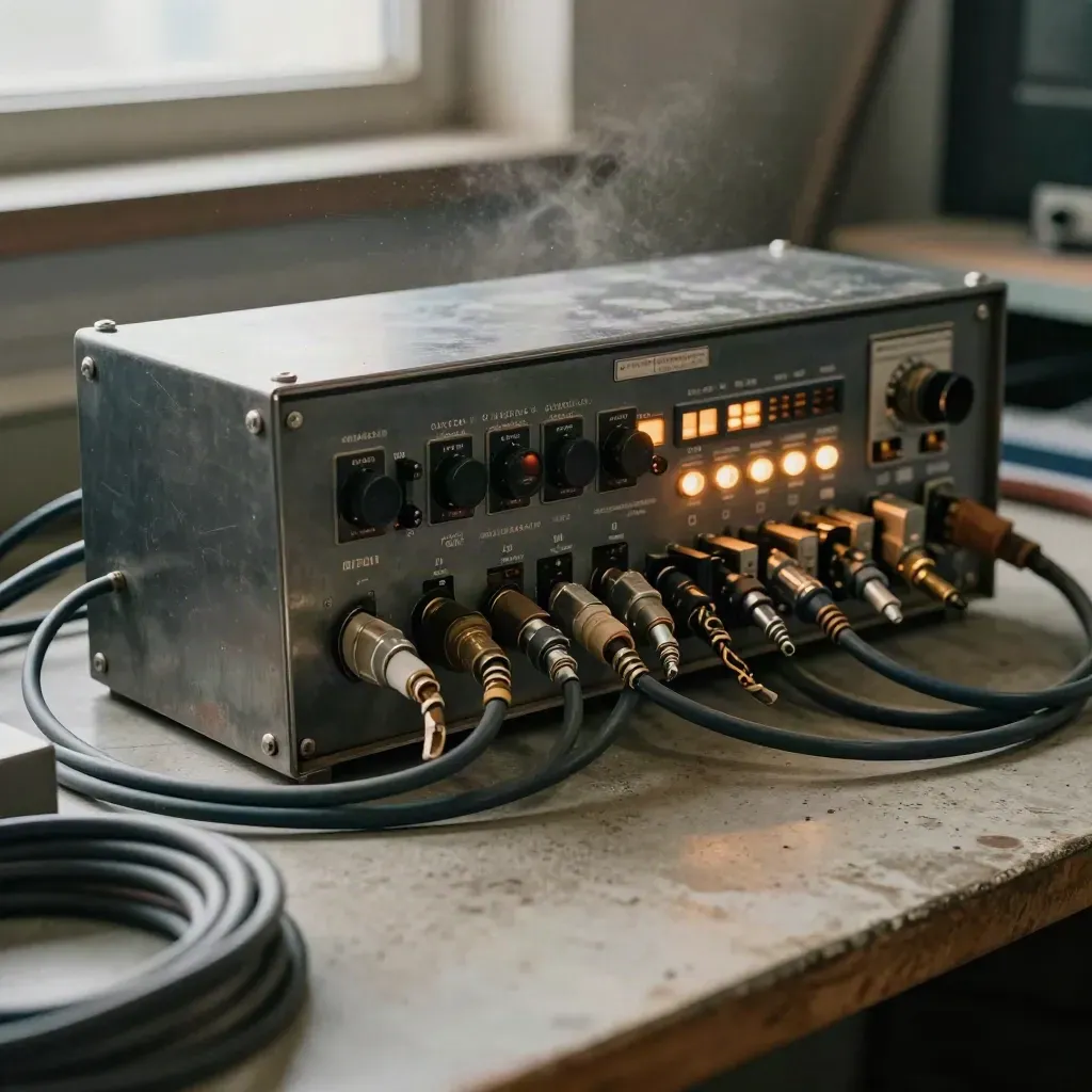 1970s test bench z przełącznikiem, kablami i świecącym terminalem w ruchu.
