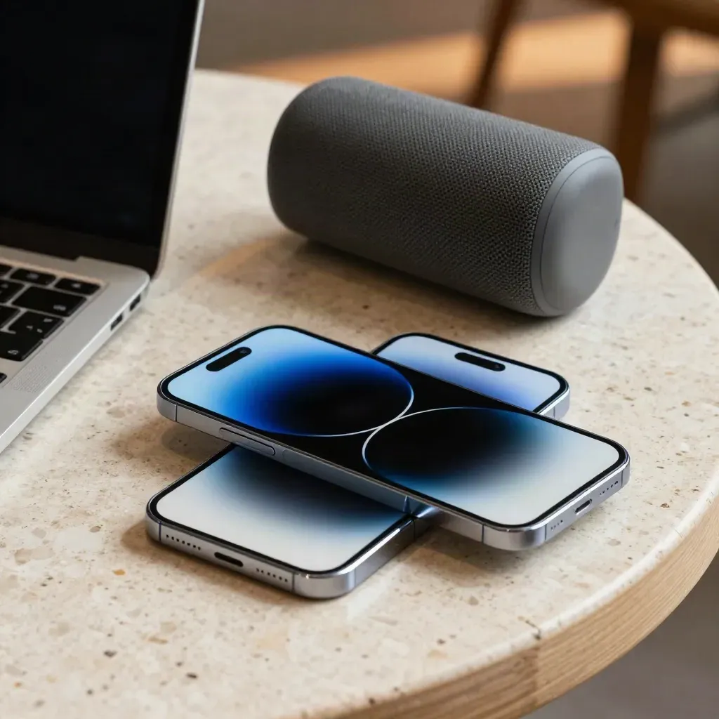 Smartfon, fragment laptopa i mały głośnik na kamiennym stole w kawiarni, z błękitną poświatą.