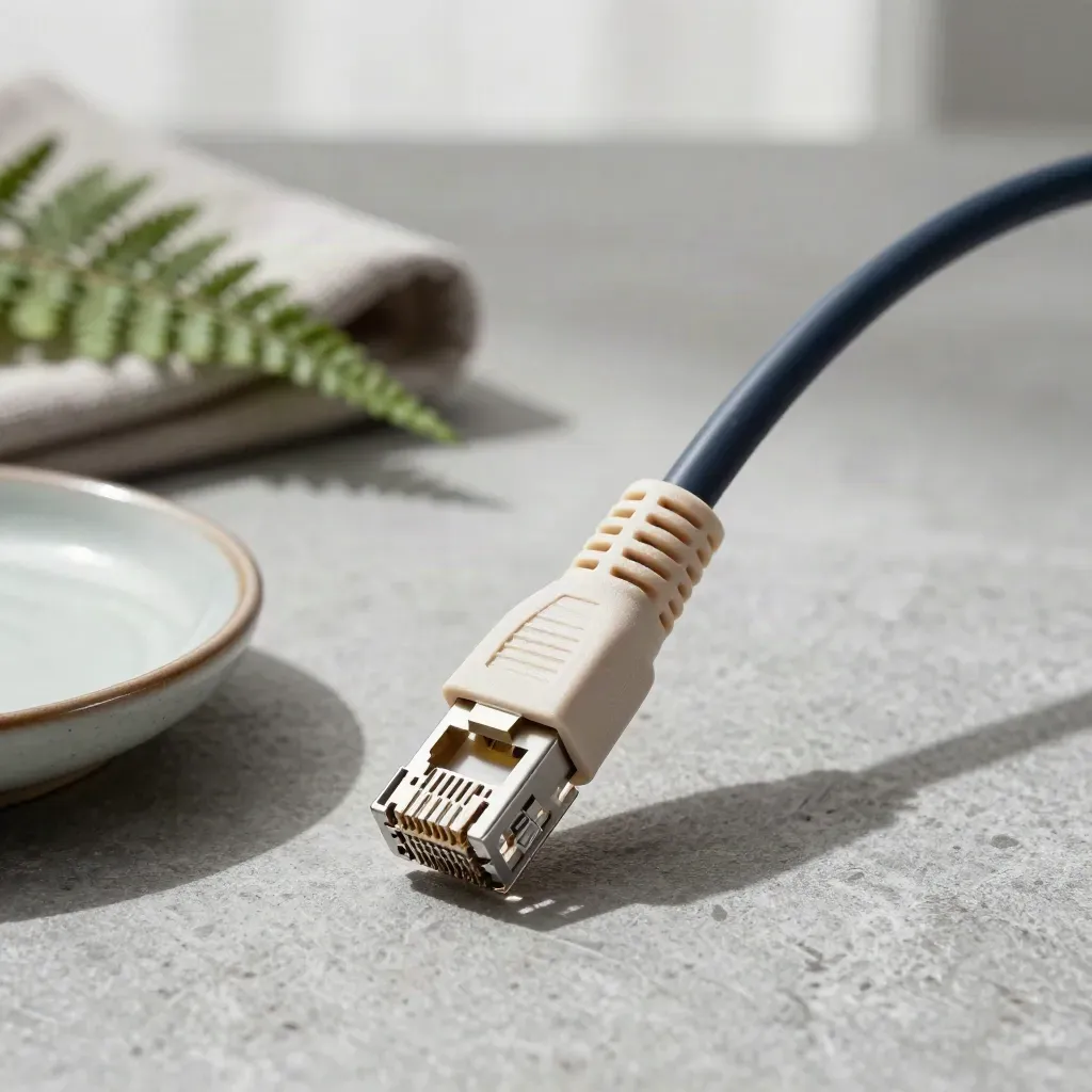 Beżowa wtyczka RJ45, paprotka, lniana tkanina i ceramiczna miseczka na kamieniu
