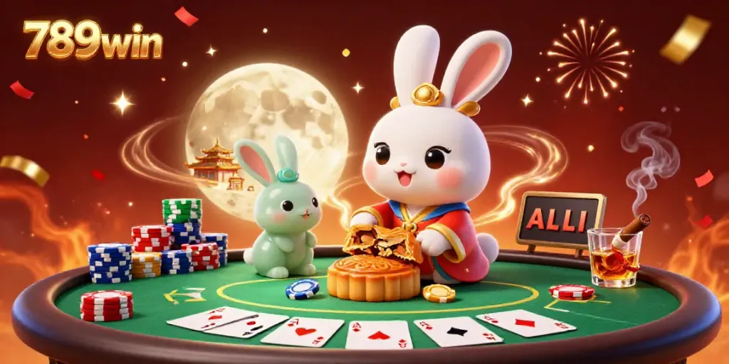 Engage with 789win's vibrant casino action featuring a moon rabbit and poker chips.