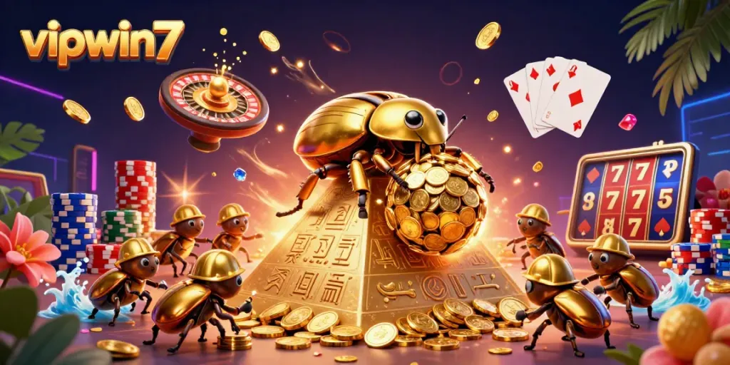 Experience thrilling gameplay with vipwin7, featuring golden coins and casino elements in an engaging scene.