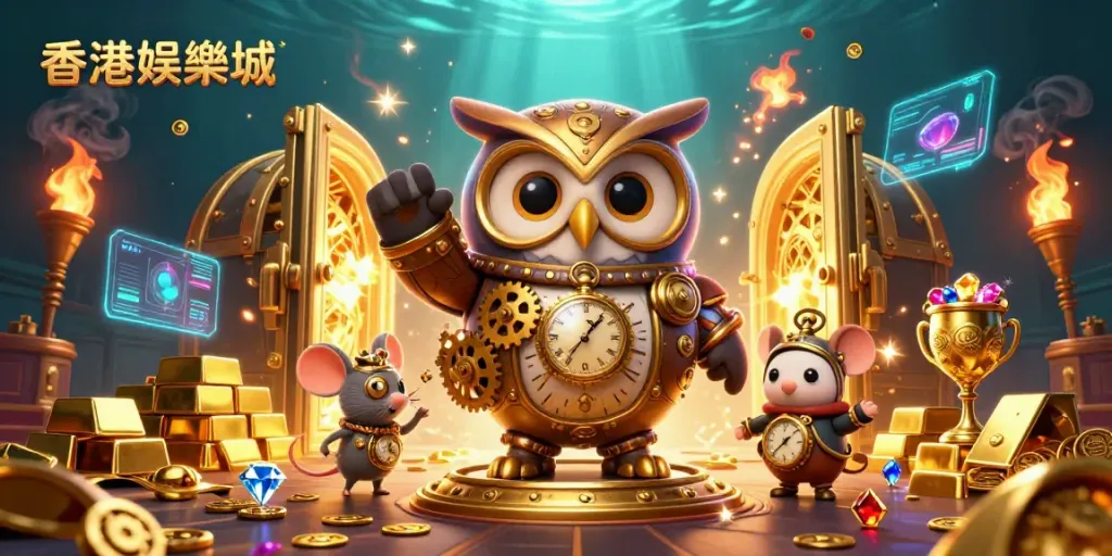 Experience the thrill of 香港娛樂城 with a vibrant 3D illustration featuring time-traveling casino characters.