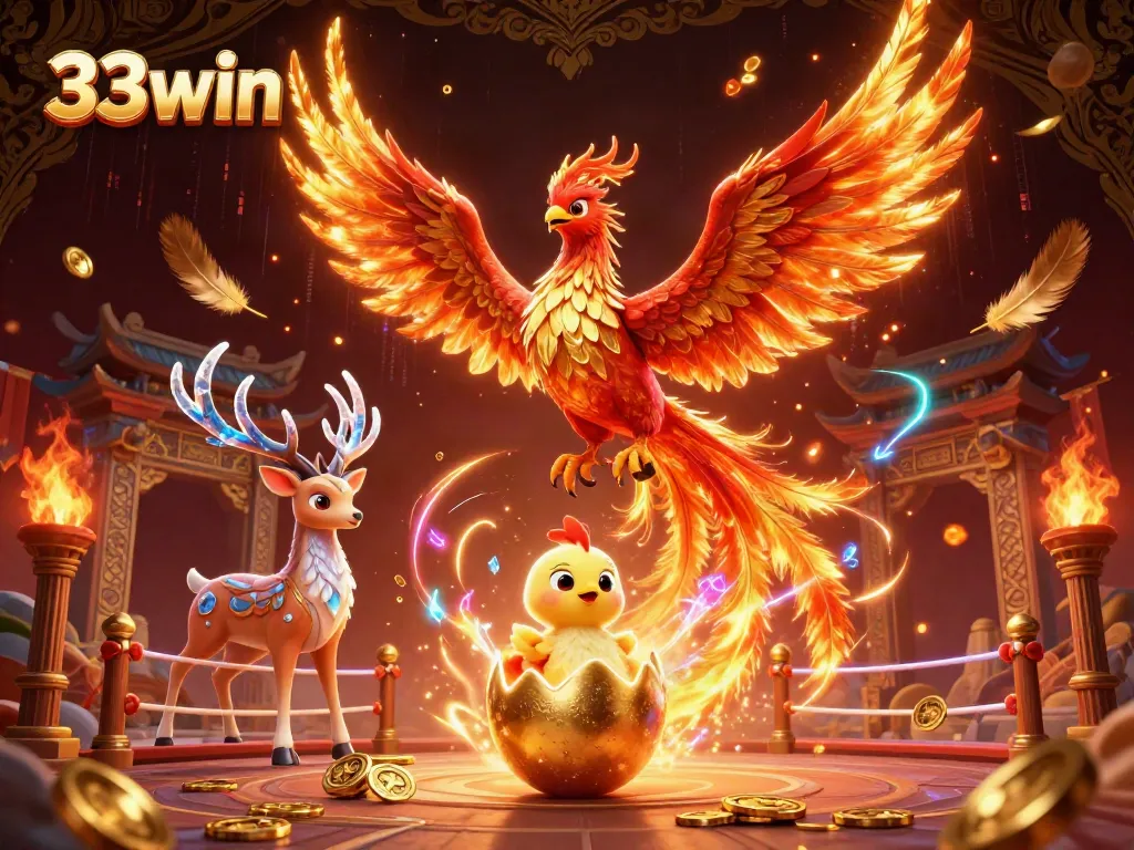 Experience 33win's thrilling casino games with a vibrant, dynamic 3D illustration featuring phoenix and stag.