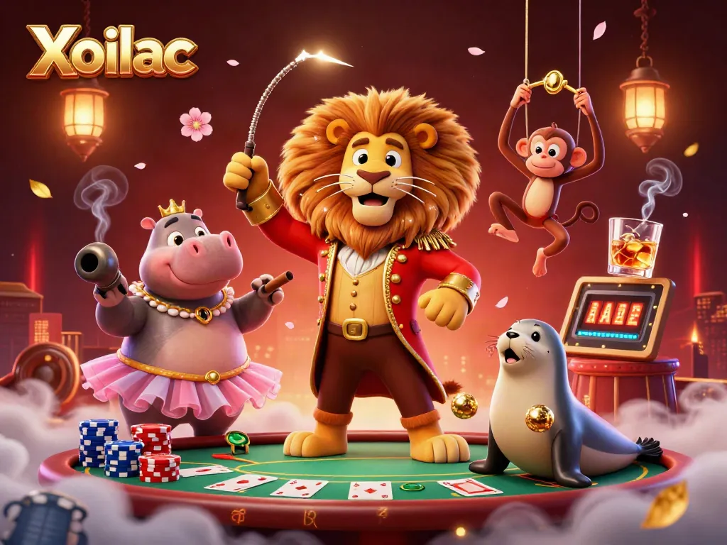 Xoilac brings the excitement of live casino gaming with a vibrant circus-themed illustration featuring a lion, hippo, monkey, and seal.