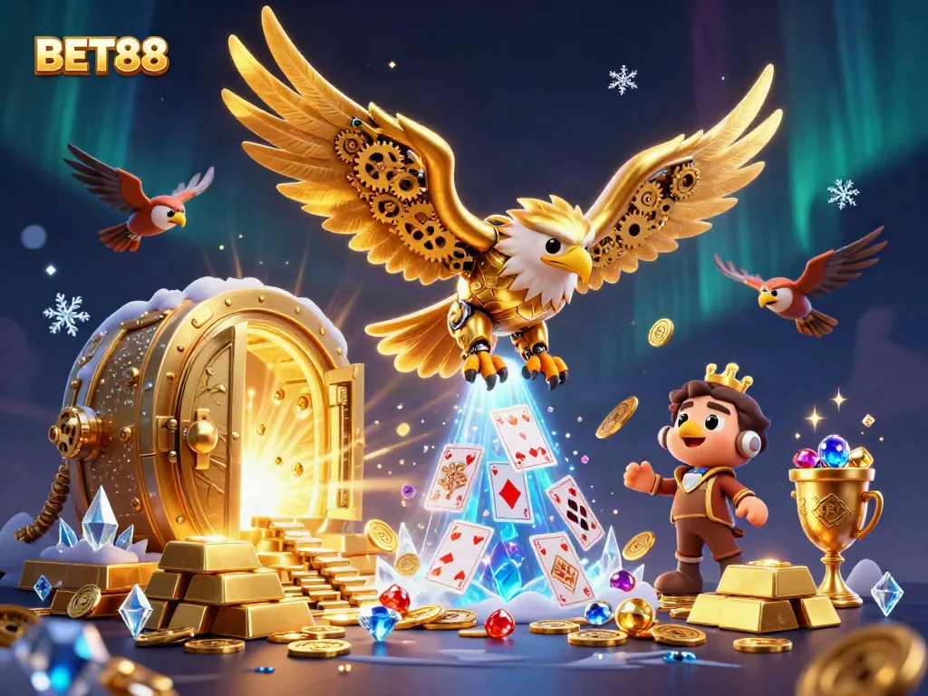 Engage in thrilling gameplay at BET88 with a dynamic scene full of gold and holographic cards.