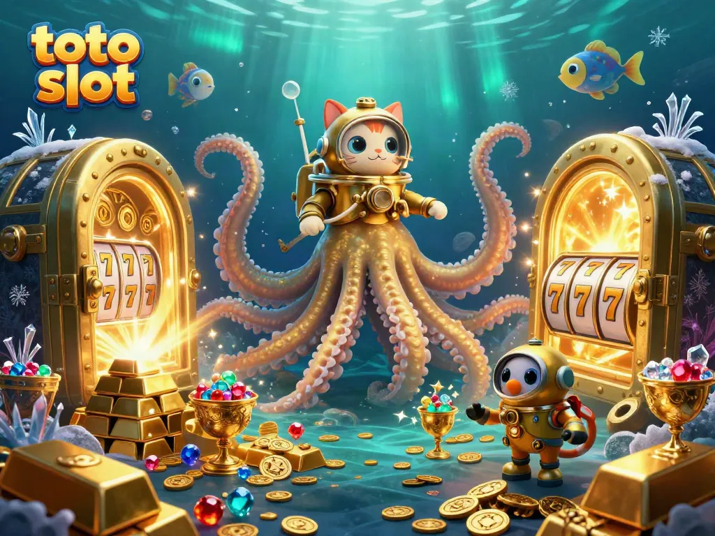 Spin the toto slot reels with treasure-filled kraken and diving cat in vibrant 3D illustration.