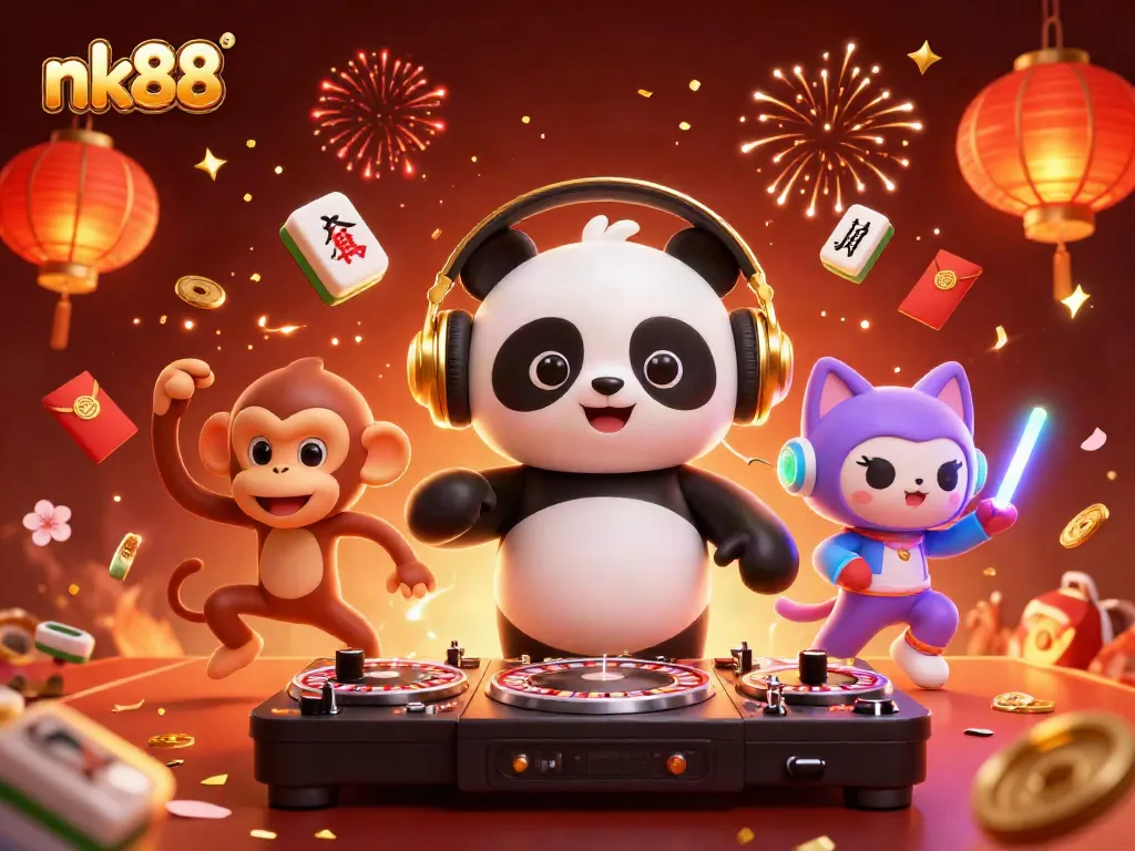 Engage with nk88's vibrant gaming scene featuring a DJ panda, dancing monkey, and rave kitten.