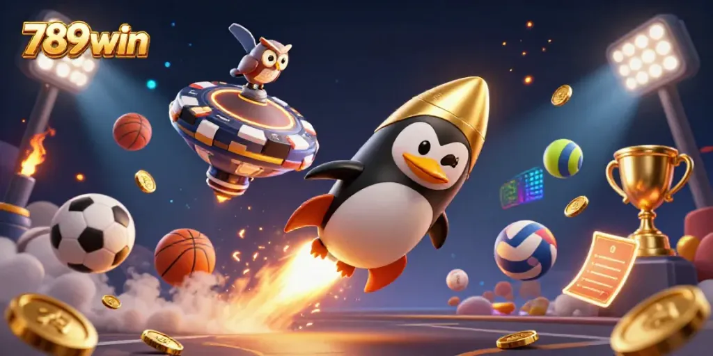 Experience the thrill of 789win with a cartoon penguin racing to a poker chip casino amid sports excitement.
