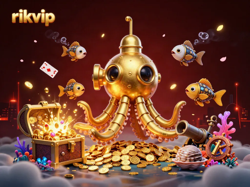 Experience thrilling gameplay with rikvip, featuring a golden kraken submarine amidst underwater treasures and animated casino elements.