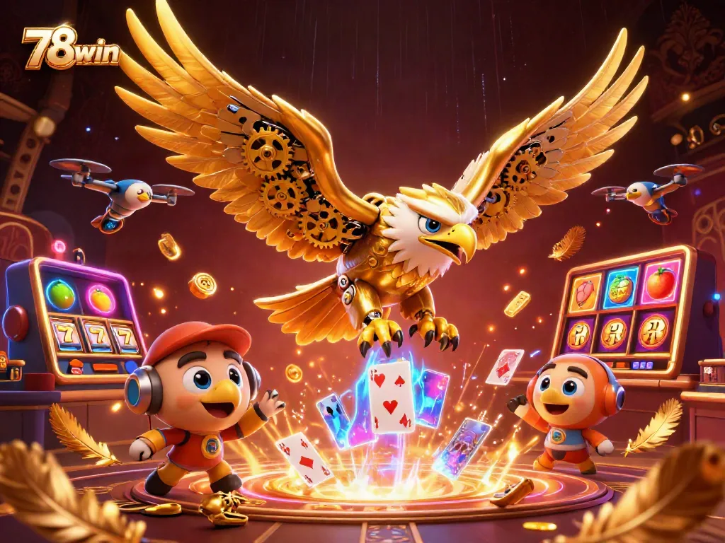 Experience the excitement of 78win with a dynamic 3D casino illustration featuring a golden eagle amidst vibrant slot elements.