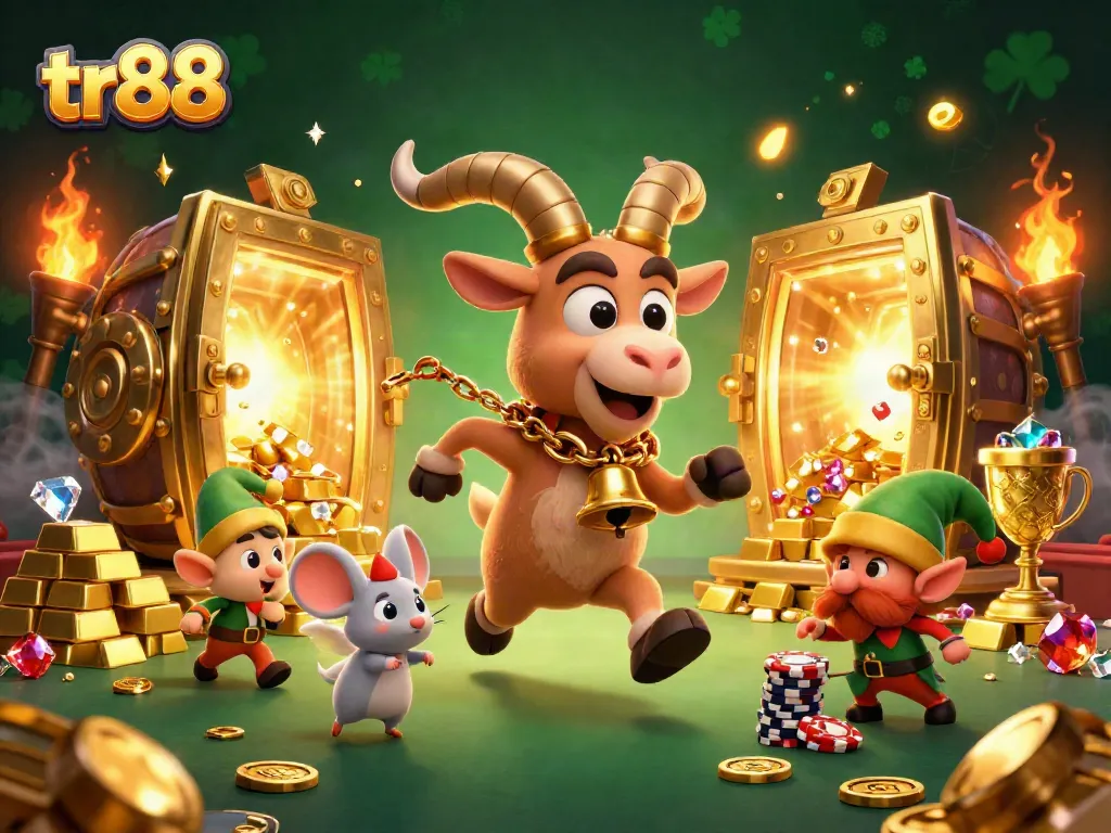 Engage in thrilling gameplay with tr88 in a vibrant casino scene featuring whimsical characters and rich treasures.