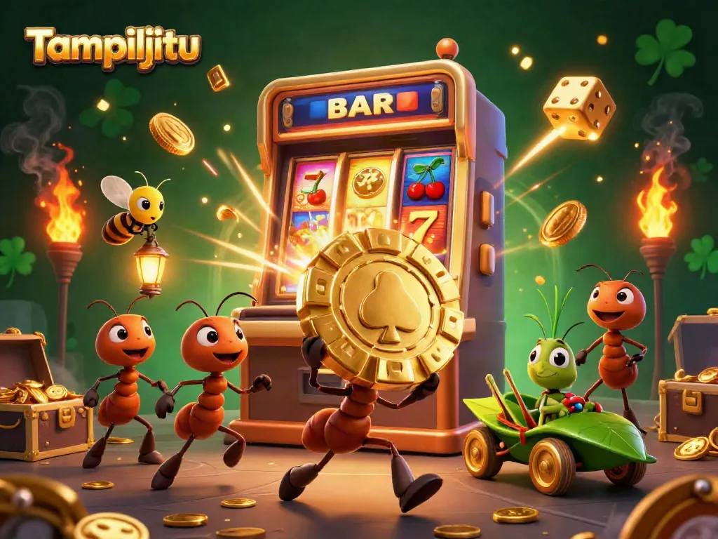 Tampiljitu ants heist scene with golden poker chip, bursting slot machine elements, and vibrant casino atmosphere.