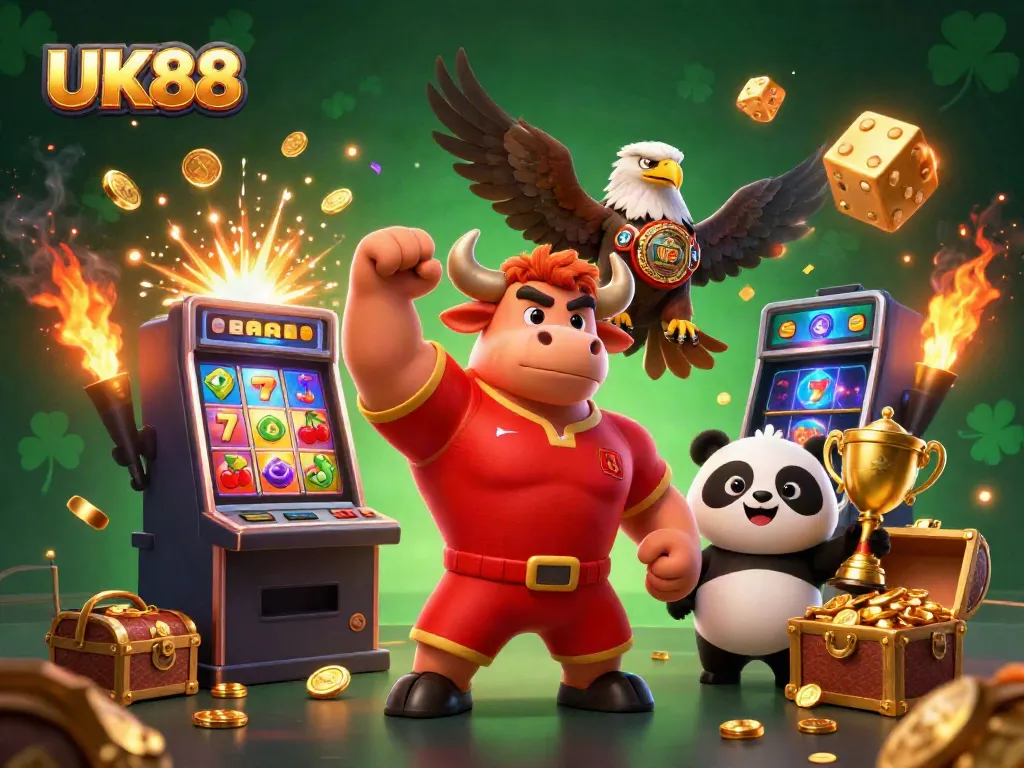 Winning at UK88 with a victorious bull, eagle, and panda amidst casino elements and excitement.