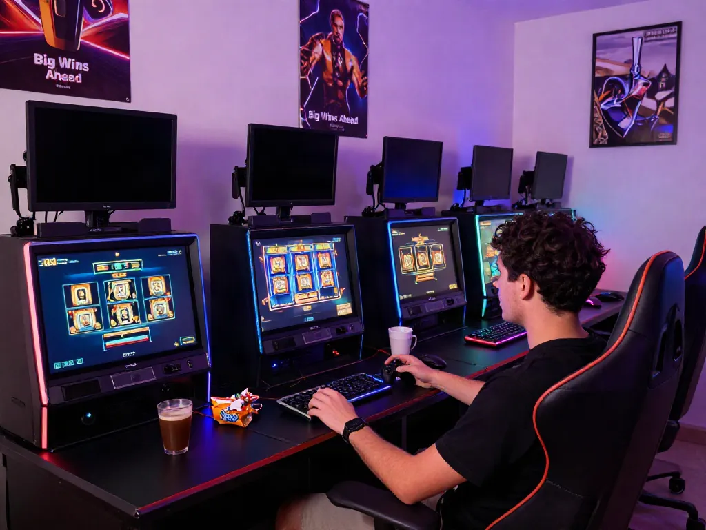 Player enjoying situs slot gacor in a vibrant gaming room with multiple screens and gaming gear.