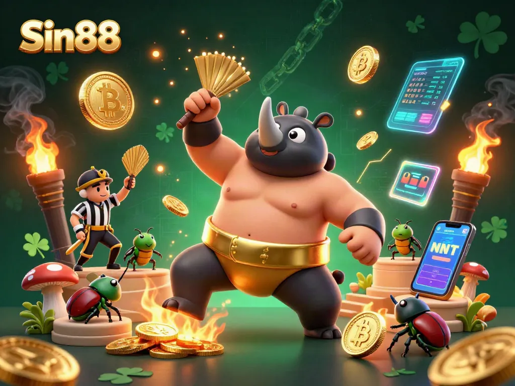 Experience the vibrant action of Sin88 with a cartoon beetle champion amidst thrilling crypto elements.