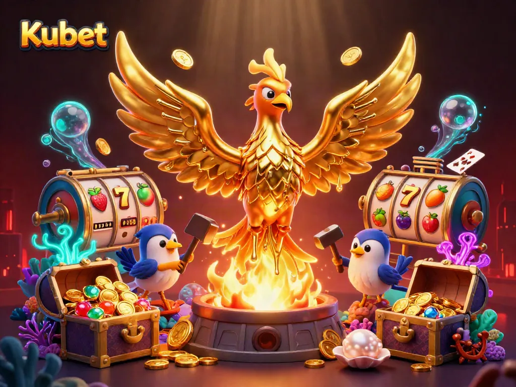 Kubet golden phoenix rises amid slot reels and vibrant casino elements, celebrating big wins.