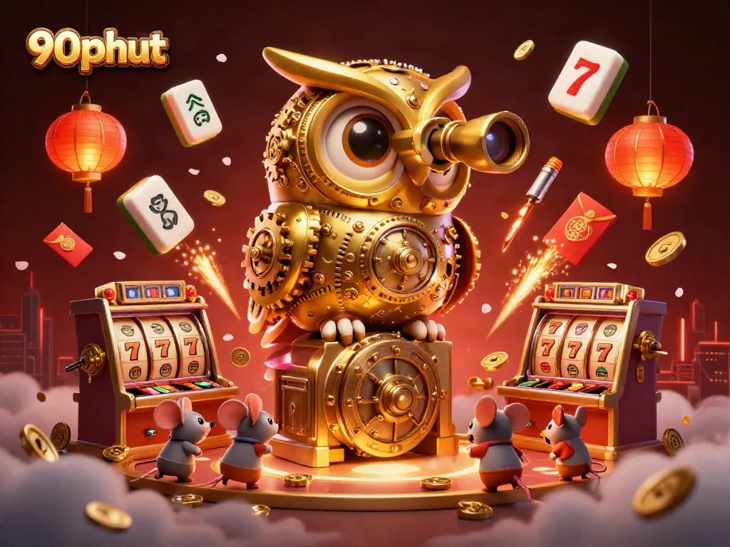Experience thrilling action with 90phut's vibrant casino scene featuring golden owl and lively characters.