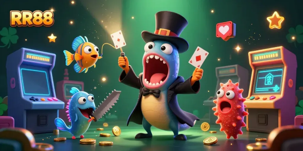 RR88 showcases a vibrant 3D casino scene with unique underwater characters performing magical tricks.