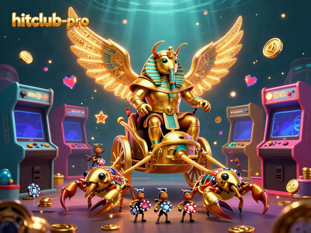 Engage with hitclub-pro's thrilling casino adventure featuring a golden scarab racing on a chariot, surrounded by gaming excitement.