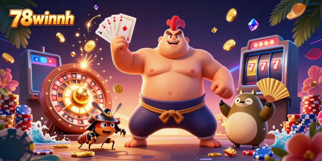 Engage in extravagant gaming adventures with 78winnh's vibrant casino scene featuring a powerful rooster and samurai cricket.