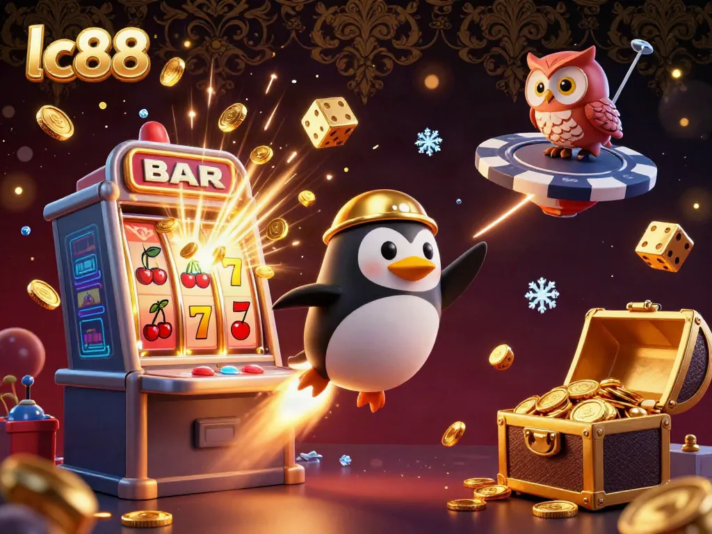 Engage with lc88 as a golden penguin rockets through space toward a vibrant casino station.