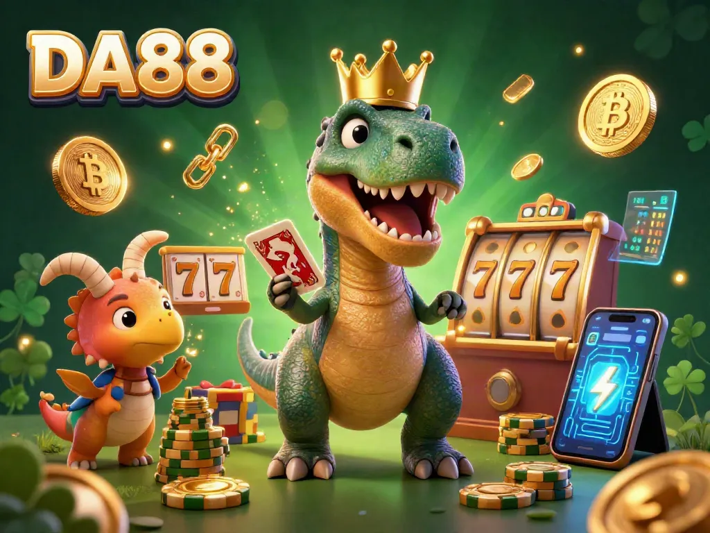 Engage with DA88's online slots featuring animated T-Rex characters shuffling cards and stacking chips.