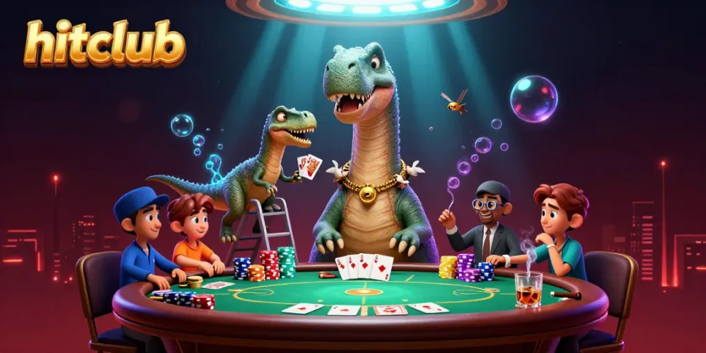 Hitclub casino scene with a giant dinosaur dealer and poker elements creating excitement.