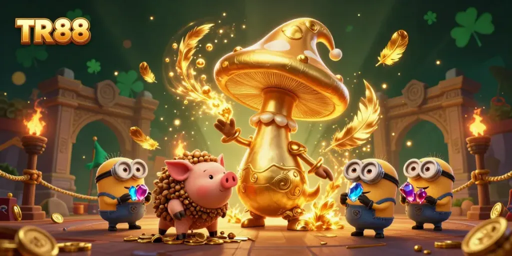 Experience golden magic with TR 88's wizard, treasure pig, and mushroom minions in a vibrant casino scene.