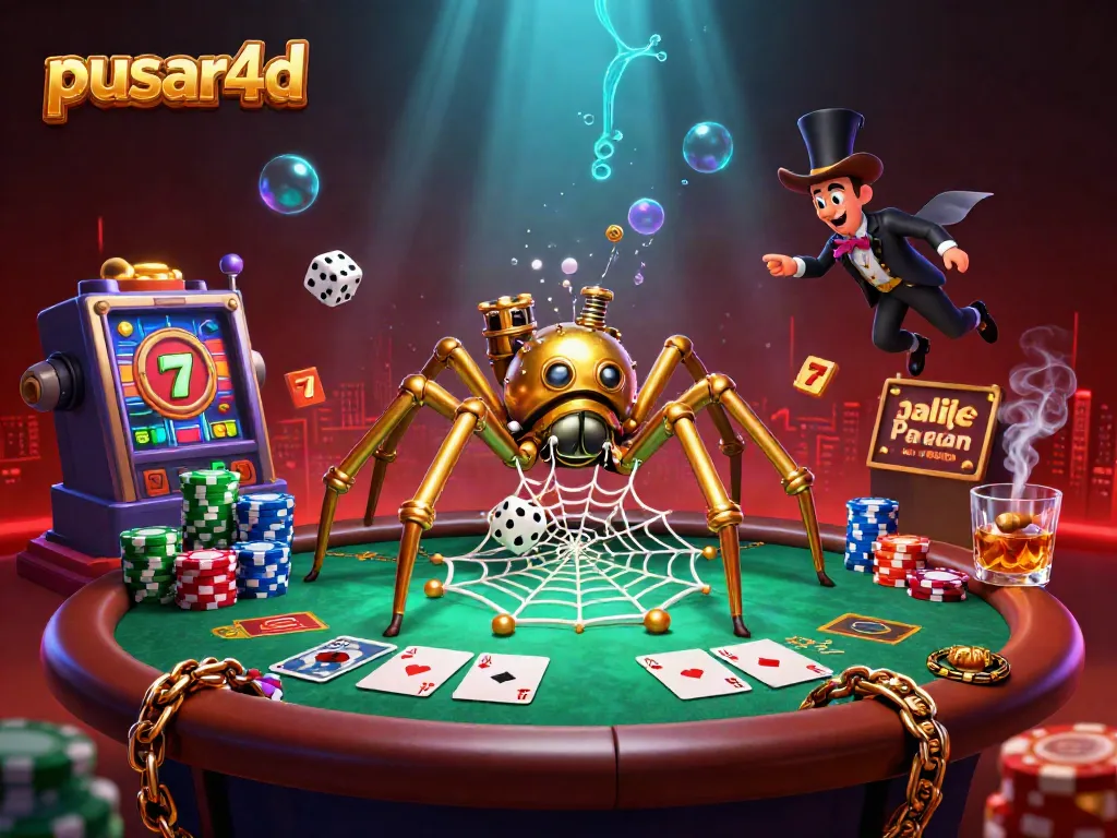 Engage with pusar4d’s thrilling gaming experience featuring a steampunk spider in an intricate casino scene.