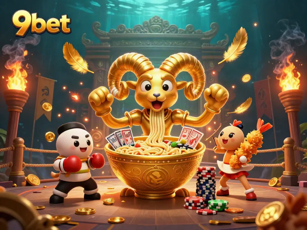 Join the thrilling world of 9bet as a giant ramen bowl deals cards and chips in an action-packed casino scene.