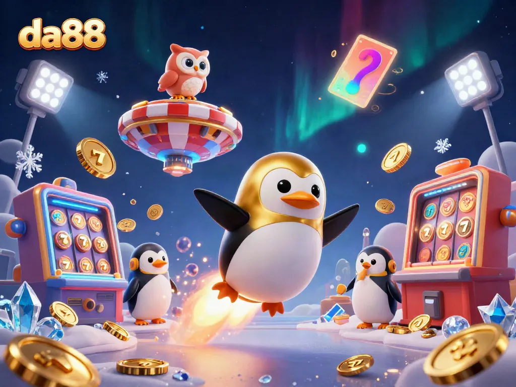 Experience the thrill of da88 with a golden penguin racing to a casino space station amidst dynamic elements.