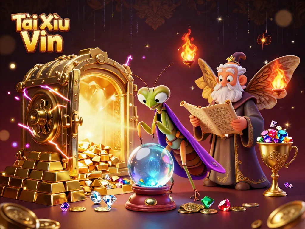 Tài Xỉu Vin showcases vibrant fortune teller scene filled with treasures, symbols of gambling adventure.