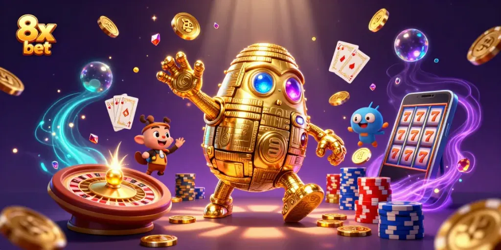 Engage with thrilling games at 8x bet, featuring a vibrant 3D illustration of a golden golem and casino elements.