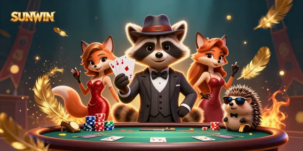 SUNWIN showcases exciting poker action with a suave raccoon, a fox lady, and a hedgehog bouncer.