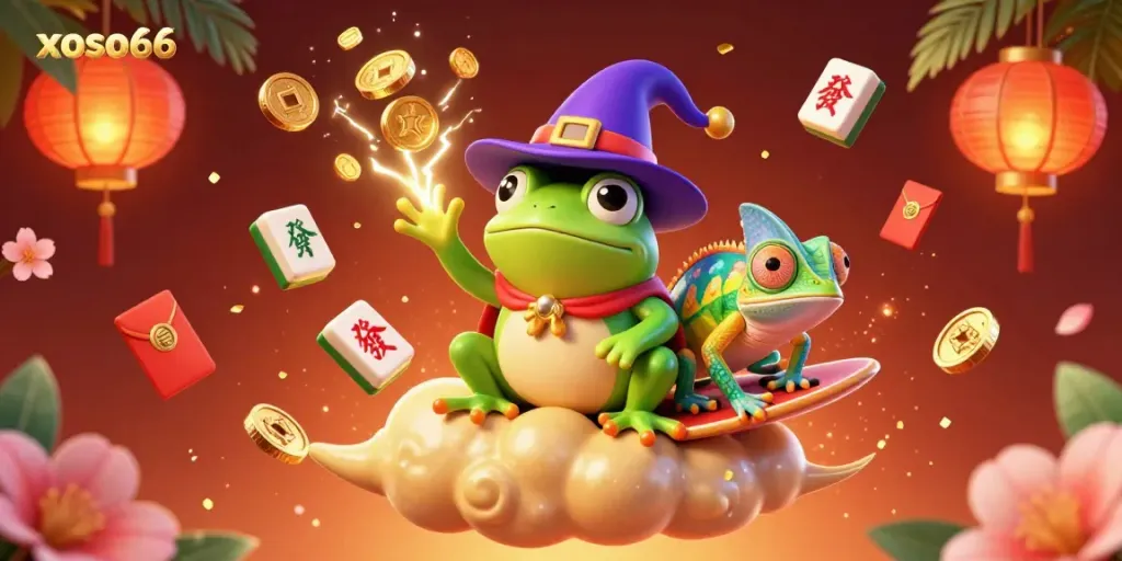 Experience the thrill of xoso66 with a whimsical scene depicting a weather wizard frog and chameleon amidst a flurry of golden coins and gaming elements.