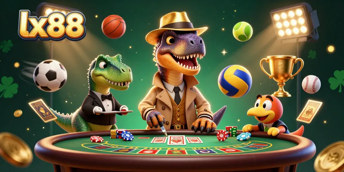 Engage with the exciting blackjack scene at lx88 featuring a clever velociraptor card counter amidst dynamic sports elements.