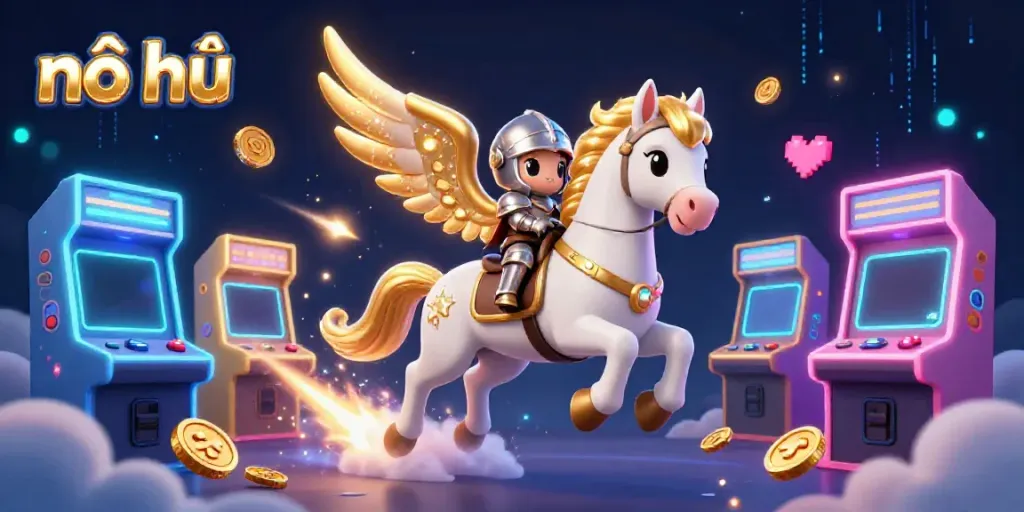 Experience the exciting nổ hũ gameplay within a vibrant 3D casino illustration featuring colorful arcade machines and dynamic characters.