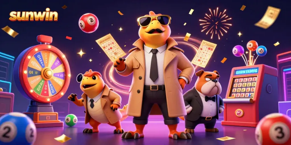 Win big with Sunwin in this vibrant casino scene featuring colorful lottery elements and dynamic characters.