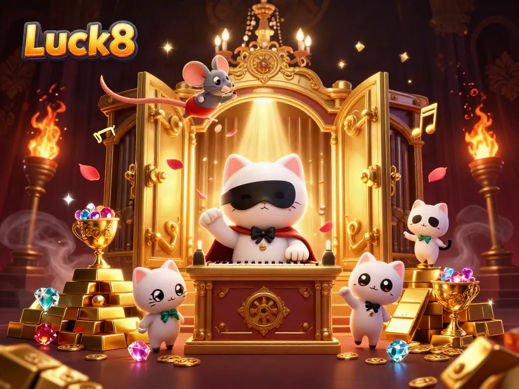 Play thrilling casino games at Luck8 with treasures and vibrant characters illuminating the scene.