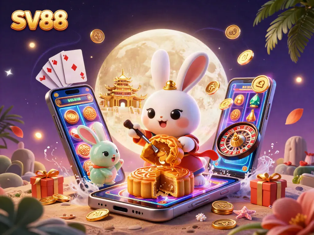 SV88 casino gameplay featuring a moon rabbit celebrating rich rewards among vibrant slots and poker elements