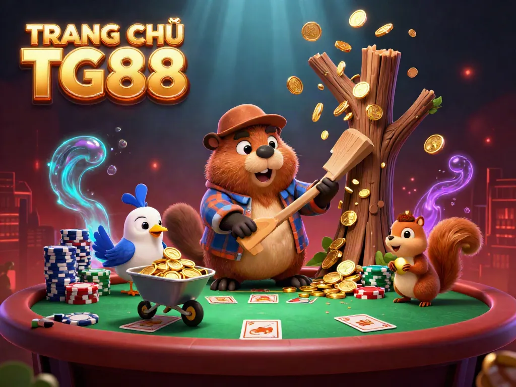 Engaging scene depicting TRANG CHỦ TG88 with lively characters enjoying poker and gold coin shower.