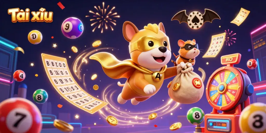 Experience thrilling Tài xỉu action with a playful superhero dog and his hamster sidekick amidst colorful casino elements.