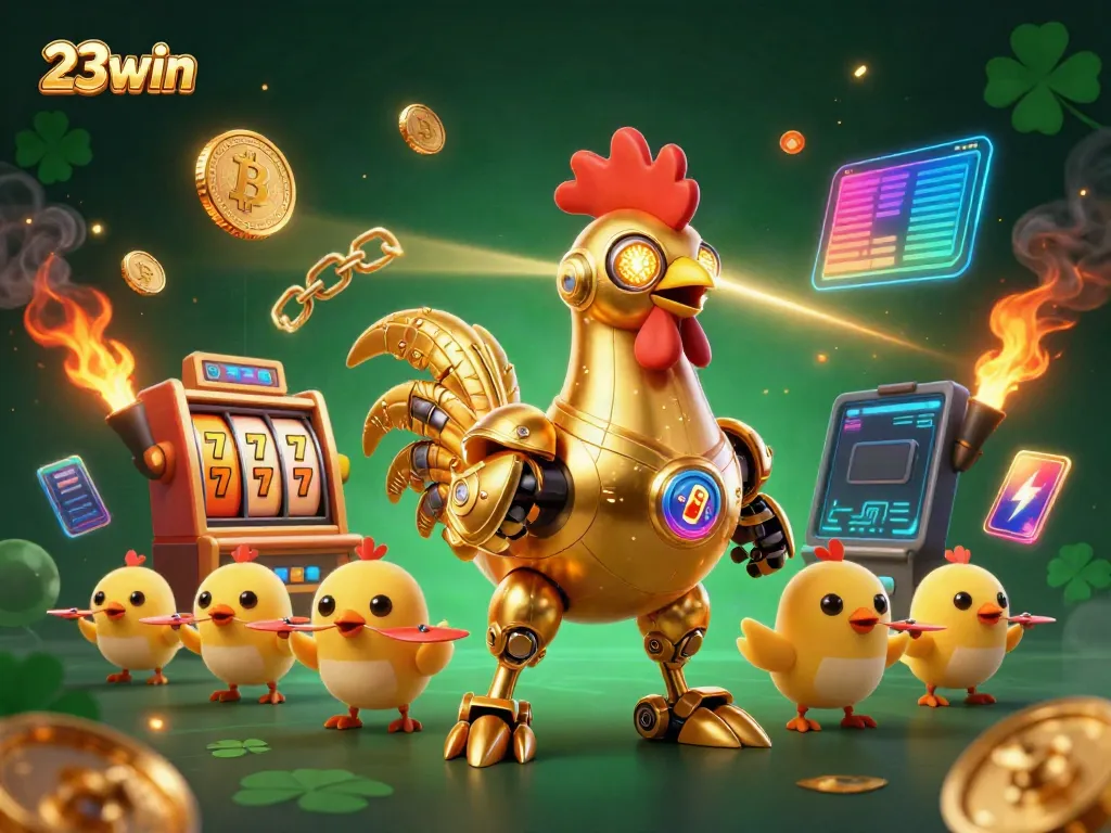 Experience thrilling gameplay at 23win with golden rooster characters and vibrant slot elements.