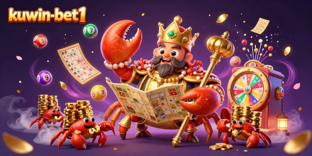 Experience thrilling gaming adventures with kuwin-bet1 as a golden crab emperor showcases lavish casino and lottery elements.